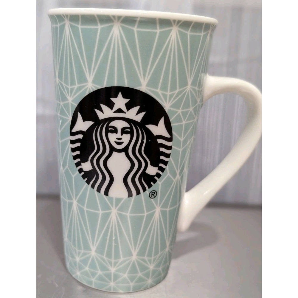 Starbucks Mint Green Geometric Diamond Pattern Ceramic Coffee Mug Tumbler 16 oz.